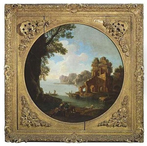 Italienische Kustenlandschaft Mit Einer Fischerbucht Und Ruinen Oil Painting by Jacob De Heusch