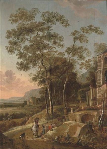 A Wooded River Landscape With A Figure On Horseback And Anglers Resting On A Track, Classical Ruins Beyond Oil Painting by Jacob De Heusch