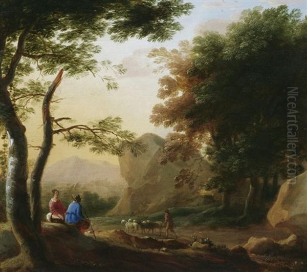 Bewaldete Landschaft Mit Hirten Und Vieh Oil Painting by Jacob De Heusch