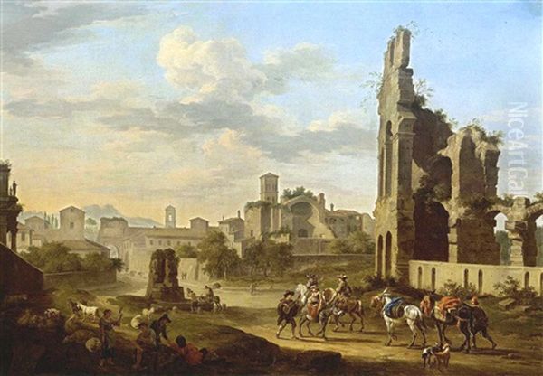 Rome: A View Of The Forum Romanum With Horsemen And Mules With Travellers In The Foreground Together With Shepherds And Their Herd Making Music Oil Painting by Jacob De Heusch