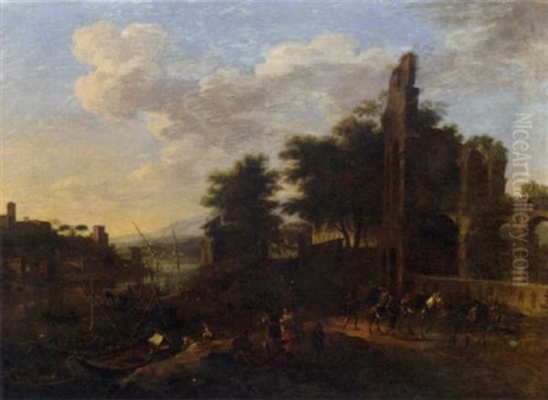 A River Landscape With Travellers On A Path And Peasants Conversing  By Moored Ships, A Town Beyond Oil Painting by Jacob De Heusch