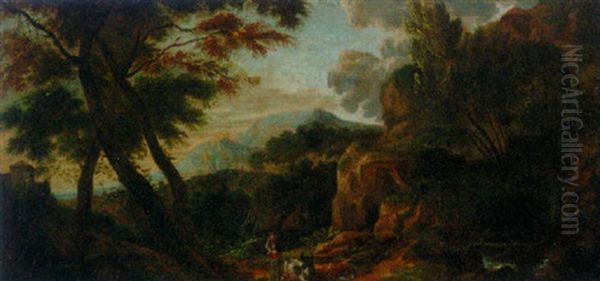 A Landscape With A Drover And Cattle On A Track Oil Painting by Jacob De Heusch