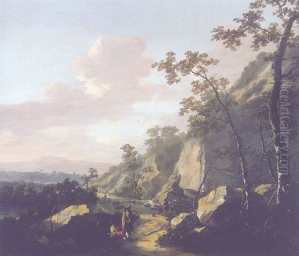 A Rocky Landscape With Travelers On A Path, Fisherman By A Waterfall Beyond Oil Painting by Jacob De Heusch