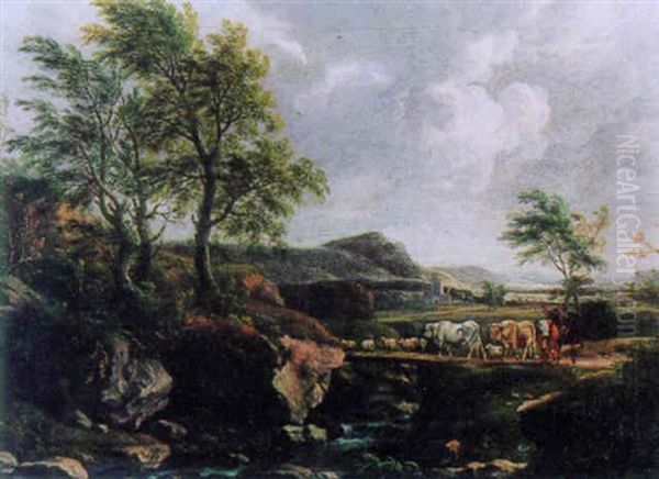 Bachlandschaft Mit Kuhen Und Schafen Oil Painting by Jacob De Heusch