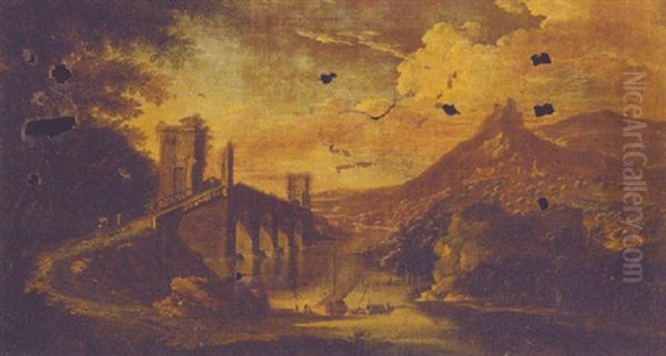 A Mountainous River Landscape With A Traveller And Donkey Crossing An Aqueduct, A Moored Boat And Ferry Beyond Oil Painting by Jacob De Heusch