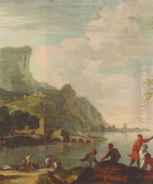 A Coastal Landscape With Fishermen On The Shore, A Jetty Beyond Oil Painting by Jacob De Heusch