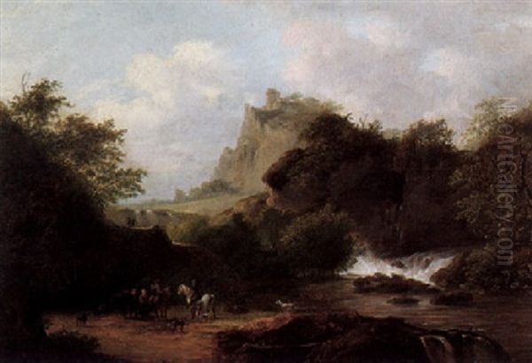 A River Landscape With Travellers Oil Painting by Jacob De Heusch