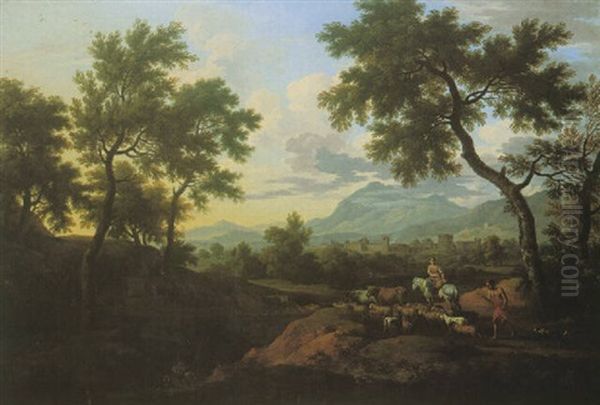 A Wooded Landscape With A Herdmsman And Cattle On A Country Road Oil Painting by Jacob De Heusch