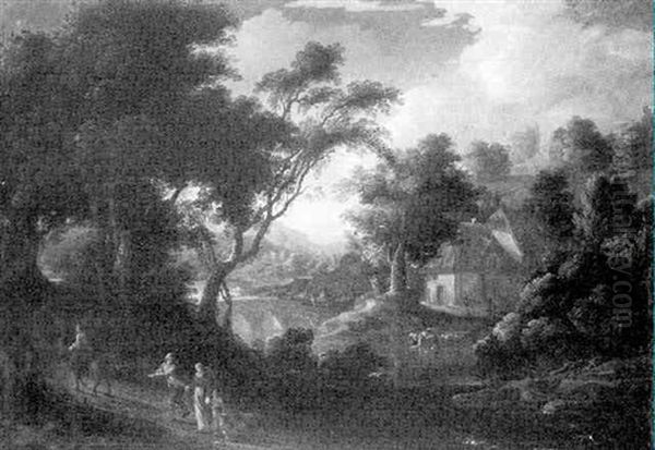 Paysage A La Chaumiere Et Aux Promeneurs Oil Painting by Jacob De Heusch