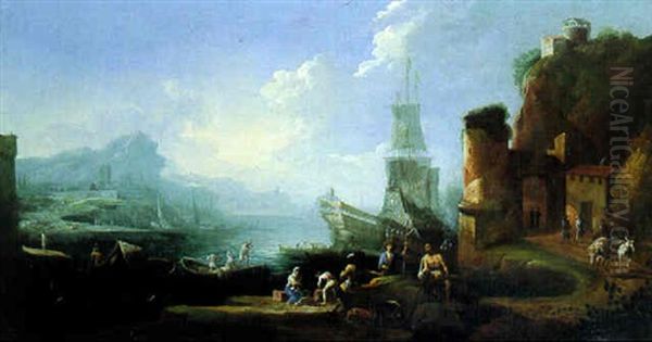 A Mediterranean Harbour With Sailors On A Quai Unloading Cargo Oil Painting by Jacob De Heusch