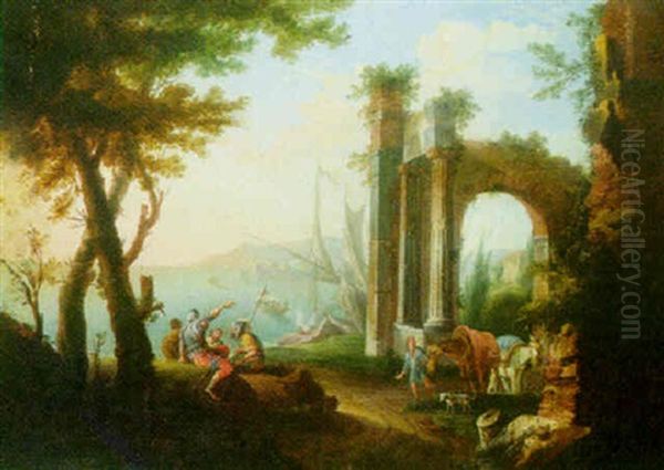 Coastal Landscape With Figures Beside Ruins Oil Painting by Jacob De Heusch