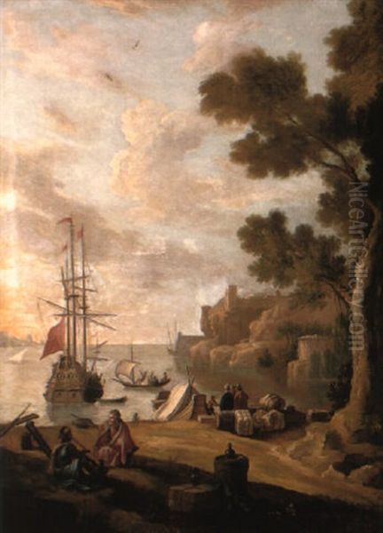 A Mediterranean Coastline With Travellers On The Shore And A Man-o'-war Oil Painting by Jacob De Heusch