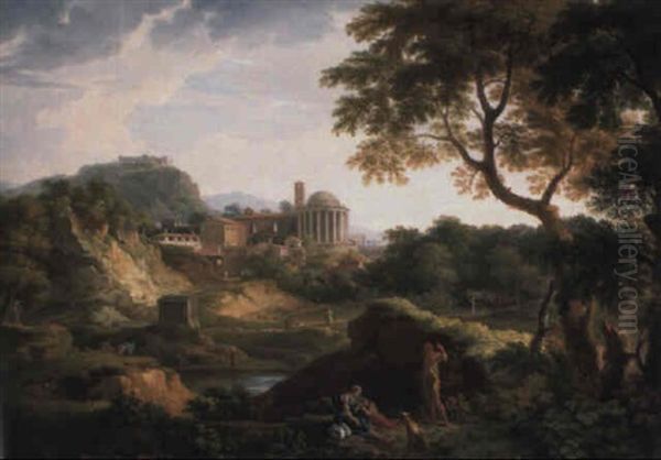 An Arcadian Landscape With Travellers Conversing, A Peasant Woman Resting Oil Painting by Jacob De Heusch