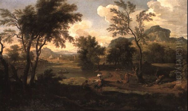 A Classical River Landscape With Travellers On A Path Oil Painting by Jacob De Heusch