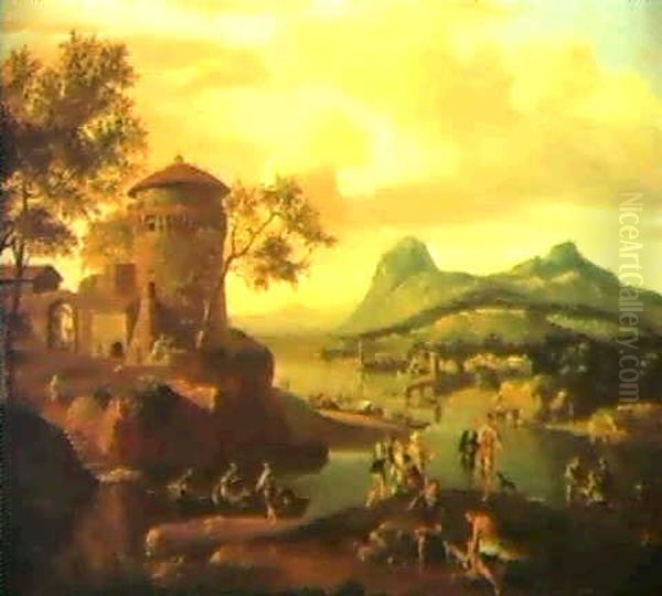 Southern Landscape With Figures Beside A Tower Overlooking  A River Oil Painting by Jacob De Heusch