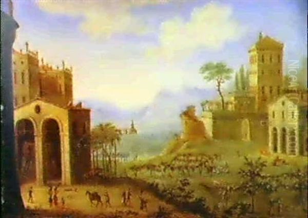 Paesaggio Con Villa, Castello E Case Coloniche Oil Painting by Jacob De Heusch