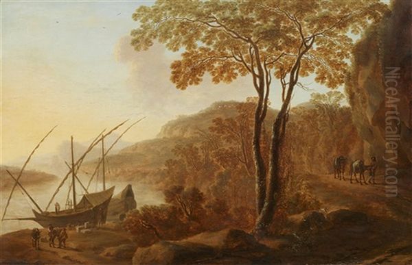 Southern River Landscape With Boats Landing Oil Painting by Willem de Heusch