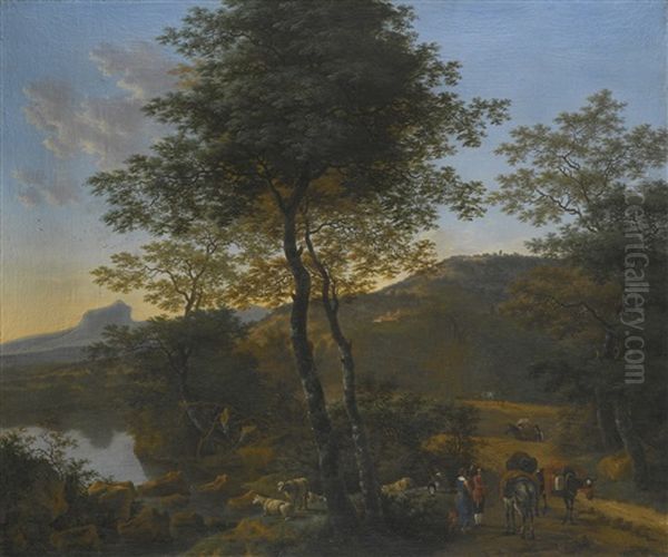 Italianate Wooded River Landscape With Travellers And Their Mules On A Path, A Shepherd And His Flock, And A Mountain Beyond Oil Painting by Willem de Heusch