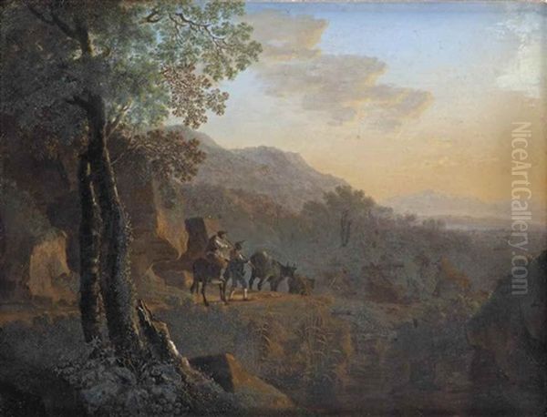 An Italianate Rocky Landscape With Herdsmen Driving Cows On A Path Oil Painting by Willem de Heusch