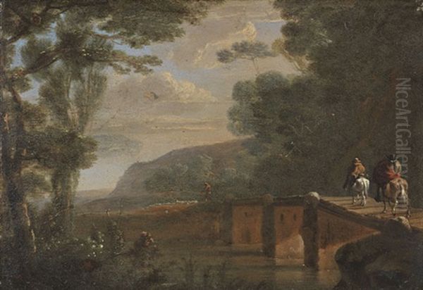 Kleine Flusslandschaft Mit Reitern Und Schafhirte Auf Einer Brucke Oil Painting by Willem de Heusch