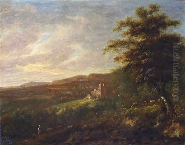 Pastorale. Ruinenlandschaft Mit Hirtenfamilie Und Ihren Tieren Oil Painting by Willem de Heusch