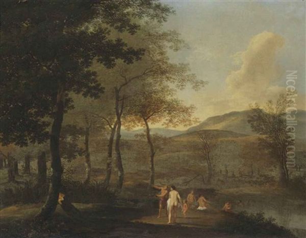 A Wooded Landscape With Nymphs And Putti Bathing Oil Painting by Willem de Heusch