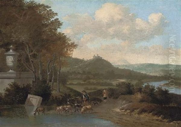 A Wooded River Landscape With Shepherds And Their Flock Oil Painting by Willem de Heusch