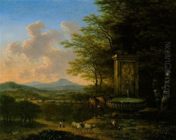 Italienische Landschaft Mit Hirt Und Herde An Einem Steinernem Brunnen Oil Painting by Willem de Heusch