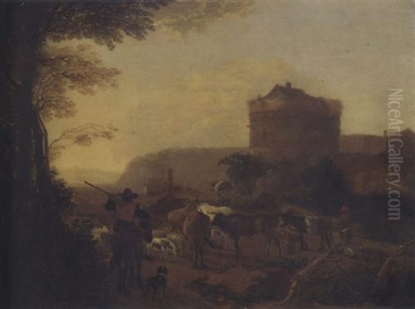 A Drover And His Animals In An Italianate Landscape Oil Painting by Willem de Heusch