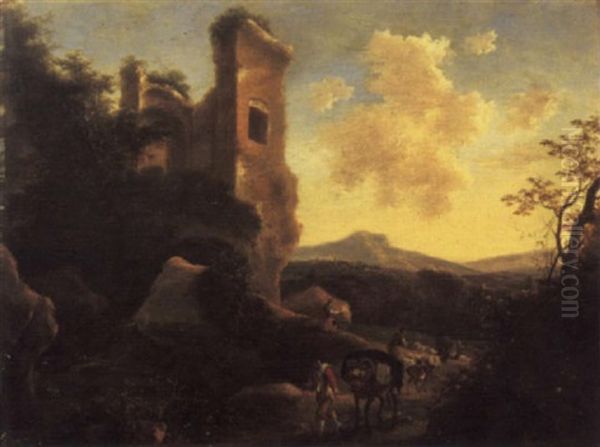 An Italianate Landscape With A Traveller, A Mule, A Shepherd And Farm Animals On A Track Beside A Classical Ruin Oil Painting by Willem de Heusch