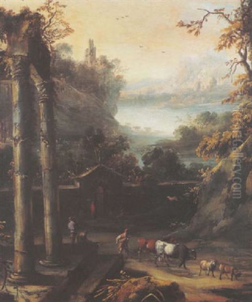 Scene Pastorale Devant Les Ruines D'un Temple Antique Oil Painting by Willem de Heusch