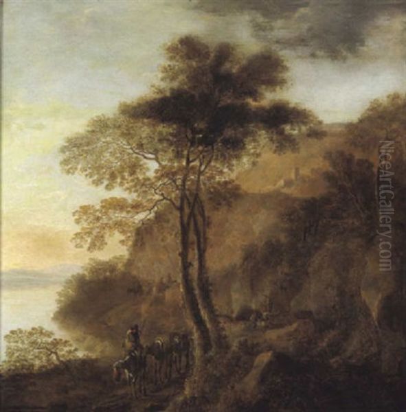 Reisende In Einer Bewaldeten Fluslandschaft Oil Painting by Willem de Heusch