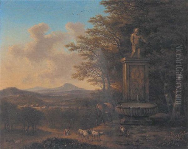 An Extensive Landscape With A Shepard And His Flock At A Fountain Oil Painting by Willem de Heusch