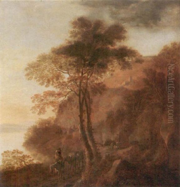 A Southern Landscape With Drovers And Their Mules On A Path Beside A Lake, A House On The Hill-top Beyond Oil Painting by Willem de Heusch