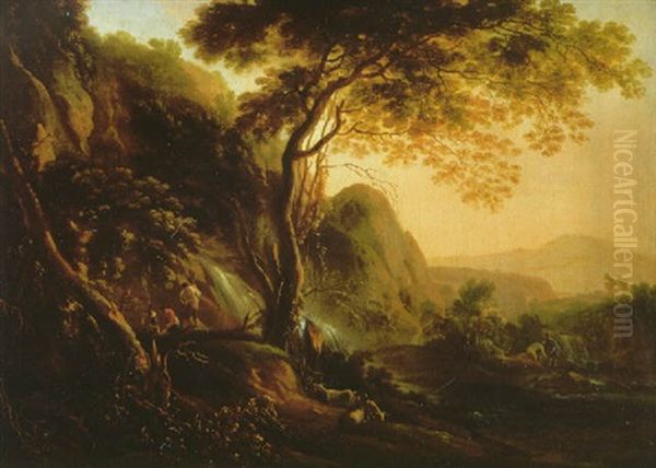 An Italianate Landscape With Shepherds And Their Livestock Resting Near A Waterfall, Mountains Beyond Oil Painting by Willem de Heusch