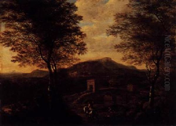 An Italianate Landscape With Travellers Neat The Ponte Luciano And The Grave Of The Pauti Oil Painting by Willem de Heusch