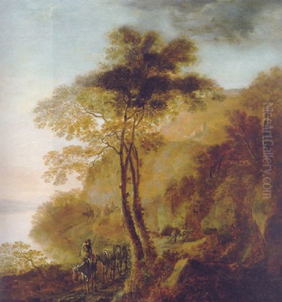 Muleteers On A Track By A River, In An Italianate Landscape, At Dawn Oil Painting by Willem de Heusch