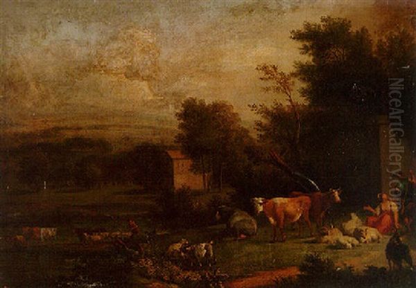 An Italianate River Landscape With Drovers Tending Cattle And Sheep, A Farmstead And Mountains Beyond Oil Painting by Willem de Heusch