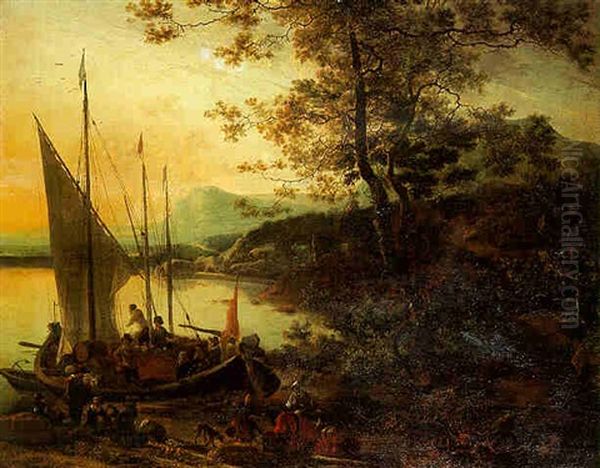 An Italianate Coastal Landscape With Cargo Being Unloaded From A Moored Sailing Vessel At Sunset Oil Painting by Willem de Heusch