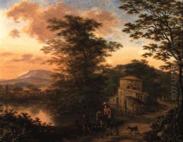 Sudliche Bewaldete Fluslandschaft Mit Reitern Oil Painting by Willem de Heusch