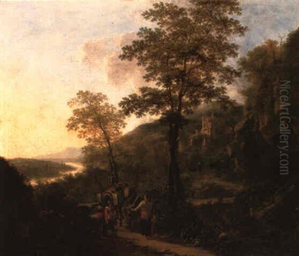 A Mountainous River Landscape With Travellers And Packmules On A Path Oil Painting by Willem de Heusch