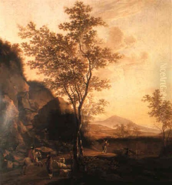 An Italianate Landscape With A Horseman And Drovers Oil Painting by Willem de Heusch