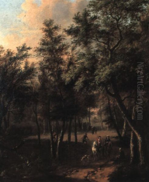 Hunting Party In A Wooded Landscape Oil Painting by Willem de Heusch