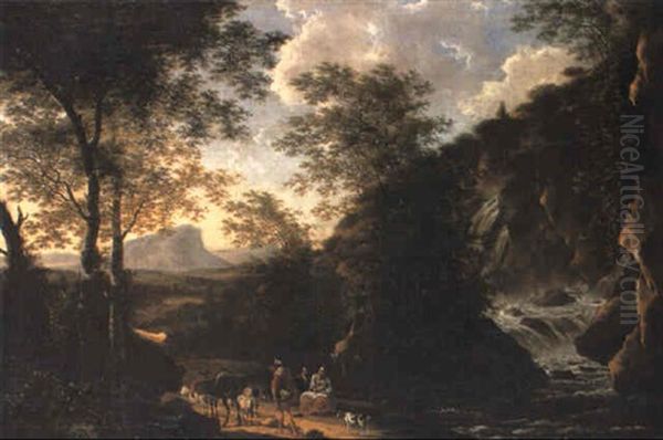 Italianate Landscape With Peasants On A Path By A Waterfall Oil Painting by Willem de Heusch