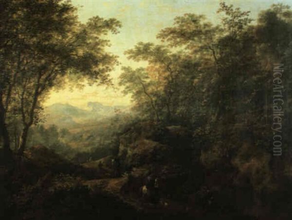 An Extensive Rocky, Wooded Landscape With Riders On A Path  With Hounds Approaching A Beggar Oil Painting by Willem de Heusch