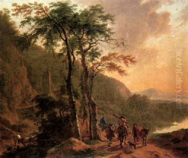 Travellers Passing A Drover On A Path Above A Lake Oil Painting by Willem de Heusch