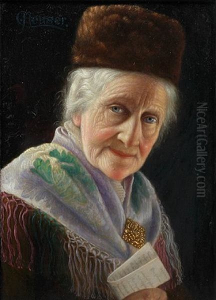 Portrait Of An Old Lady With Fur Hat Oil Painting by Carl Heuser