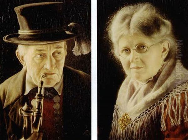 Portrait Of An Elderly Swabian Woman And Man (pair) Oil Painting by Carl Heuser