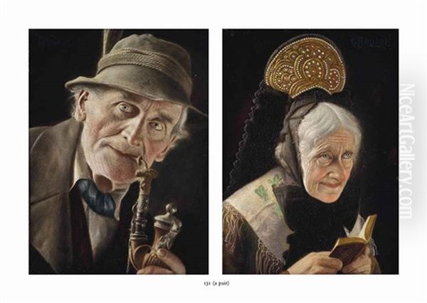 A Man Smoking; A Lady Reading (2 Works) Oil Painting by Christian Heuser