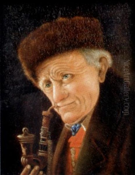 Portrait Of An Old Man, Smoking A Pipe Oil Painting by Christian Heuser